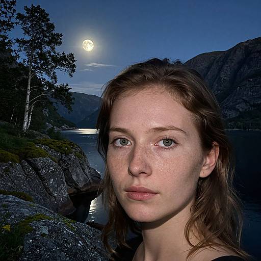 Photograph of a young, fair-skinned woman with freckles, brown hair, and blue eyes, standing in a moonlit, mountainous