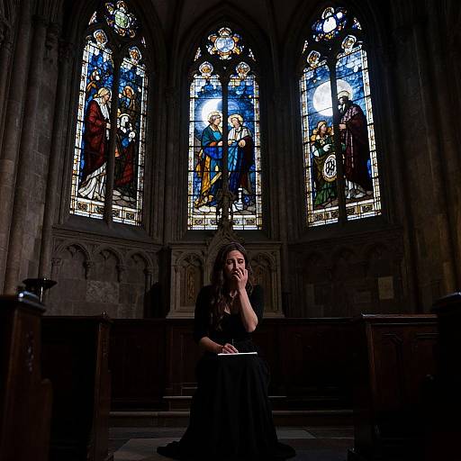 Photograph of a young woman with long brown hair, dressed in black, sitting in a dimly lit church, hand covering her mouth, with vibrant