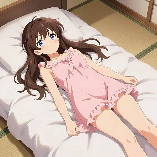 Anime-style digital drawing of a young girl with long brown hair, blue eyes, and wearing a pink frilled nightgown, lying on a white