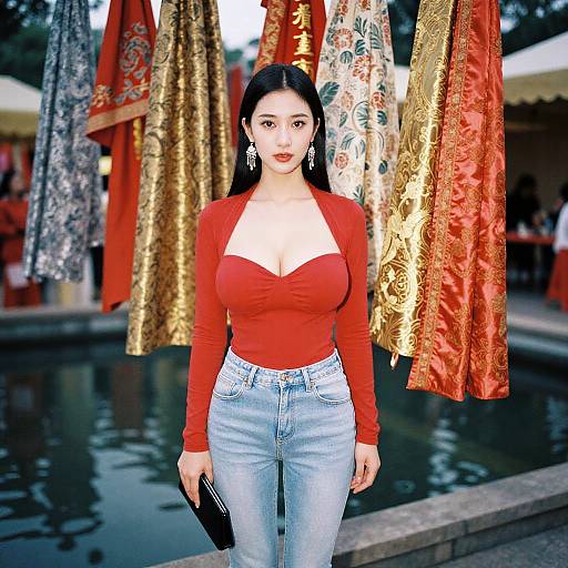 Elegant Asian Woman by Water Feature
