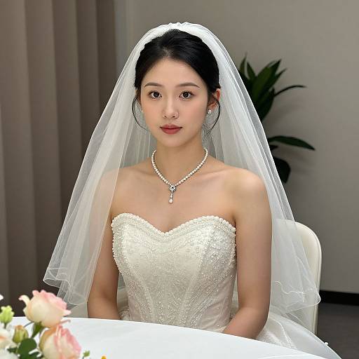 Photograph of an Asian bride with fair skin, black hair in an updo, wearing a white, strapless lace wedding gown and veil, pearl