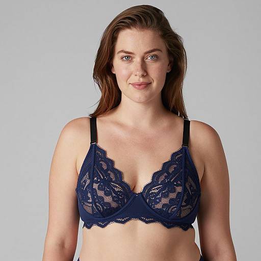 Woman Wearing Dark Blue Lace Bra