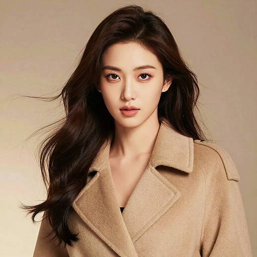 Photograph of a young Asian woman with long, wavy black hair, wearing a beige wool coat, against a plain, light beige background.