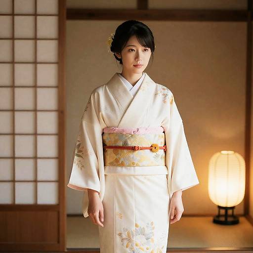Japanese Woman in Traditional Kimono Standing Indoors