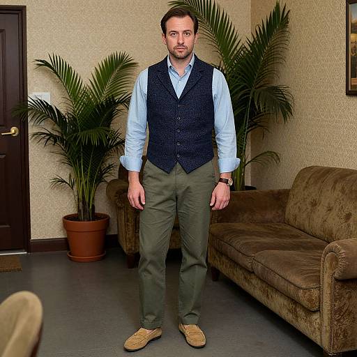 Photograph of a bearded man with short brown hair, wearing a blue vest, light blue shirt, green pants, and tan shoes, standing in