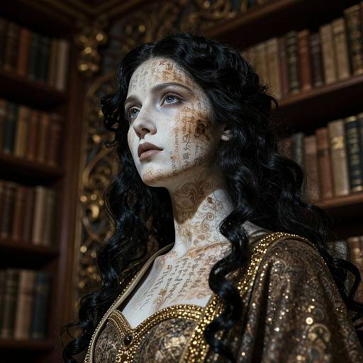 Photograph of a pale woman with dark curly hair, intricate gold tattoos on face, wearing ornate gold-embellished brown dress, standing in