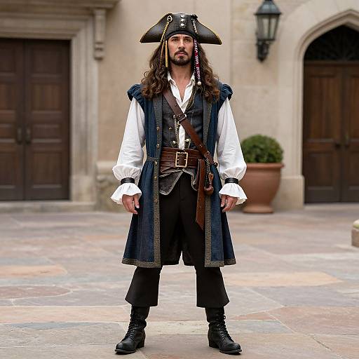 Photograph of a bearded man with long brown hair, dressed as a pirate in a black tricorn hat, white shirt, blue vest, black