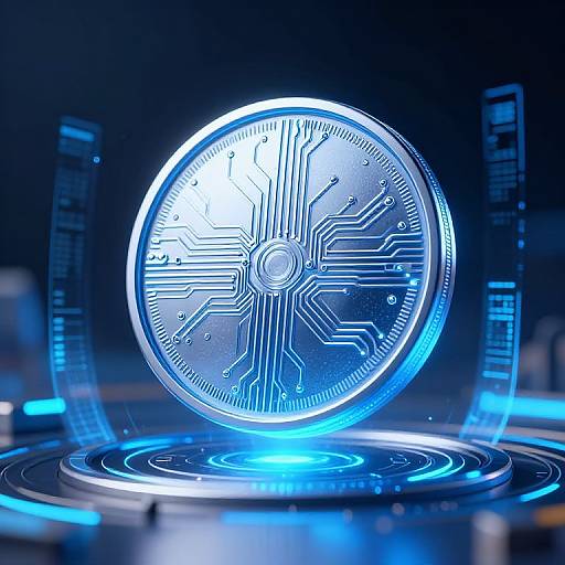 Digital illustration of a glowing, blue neon circuit coin centered on a futuristic, illuminated circular platform against a dark background.