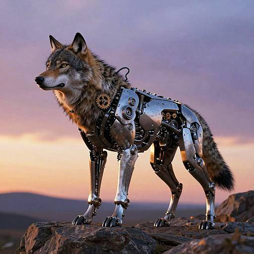 Cybernetic wolf with metallic joints stands on rocky terrain at sunset, blending natural fur with futuristic robotics, in vivid photograph.