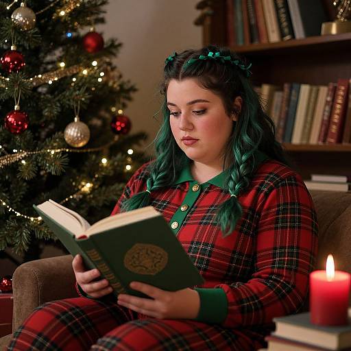 Young woman with green braided hair reads book in red plaid pajamas, candle lit beside, decorated Christmas tree in background.