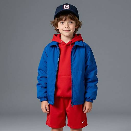 Boy in Blue Jacket and Red Hoodie