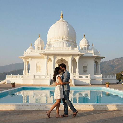 Photograph of a couple embracing in front of a white domed building with a blue pool, set against a clear sky and mountains.