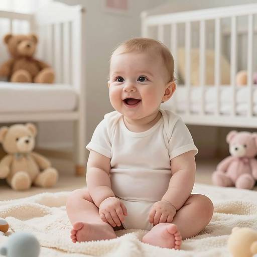 Photograph of a happy, chubby, light-skinned baby with blonde hair, sitting on a white carpet in a bright nursery, surrounded by teddy