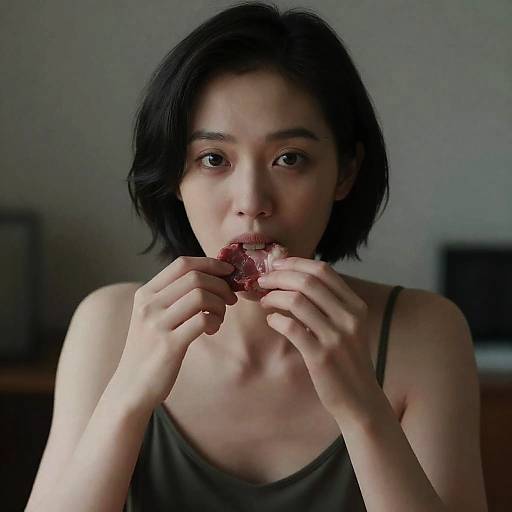 Pale Woman Eating Raw Meat in Shadows