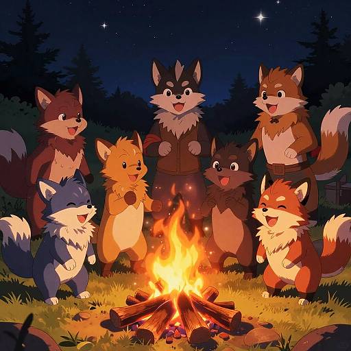 Lively Furry Campfire Night Scene