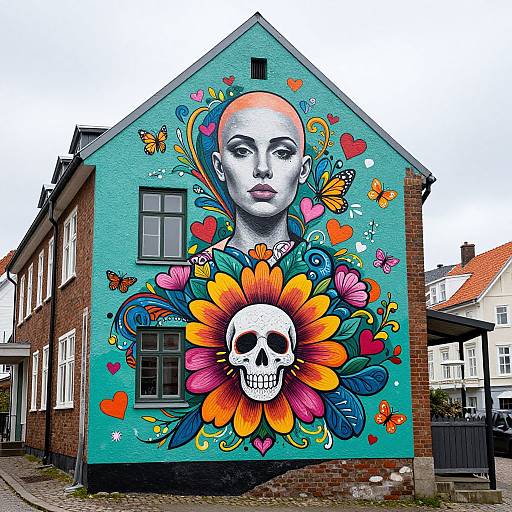 Vibrant street art on a teal-brick house featuring a white-skinned female face with a bald head, surrounded by colorful flowers, hearts,