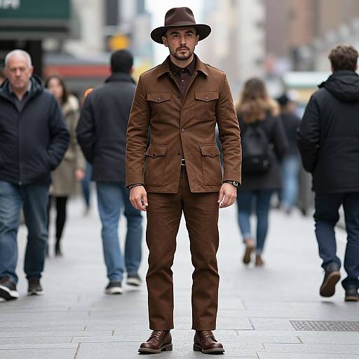 Photograph of a bearded man in a brown fedora, brown jacket, and pants standing in a blurred city street with pedestrians.
