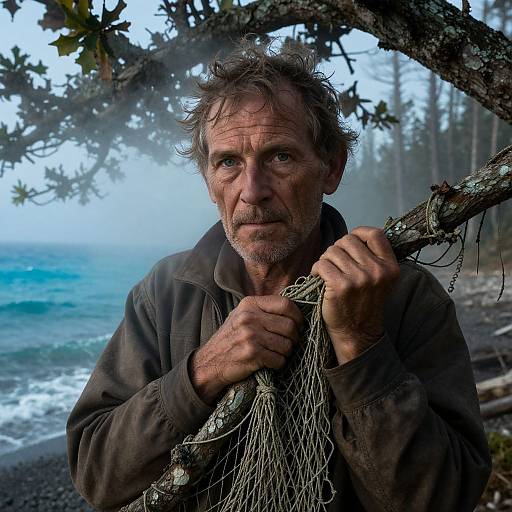 Photograph of a rugged, middle-aged man with messy hair and beard, holding a fishing net on a misty, coastal tree.