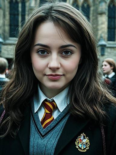 Photograph of a young woman with long brown hair, wearing a Hogwarts school uniform with a red and yellow striped tie, standing in front of a Gothic