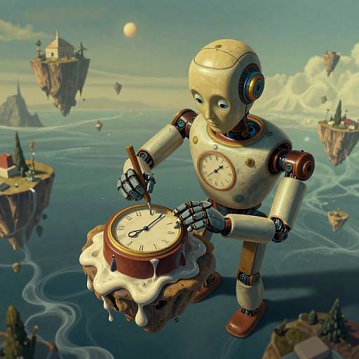 Digital artwork of a steampunk robot with a clock face on its chest, melting clock on a floating island, above a surreal, floating cityscape