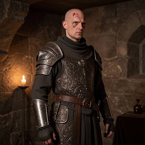 Photograph of a bald, muscular, scarred man in detailed medieval armor, standing in a dimly lit stone castle room with a lit torch in