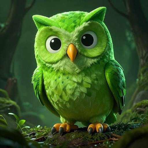 CGI image of a cute, green, cartoon owl with large, round eyes and an orange beak standing on mossy forest ground. Dark,