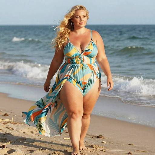 Blonde, plus-size woman walks on beach in colorful, patterned, low-cut swimsuit, with ocean waves and sunlit shore in background.