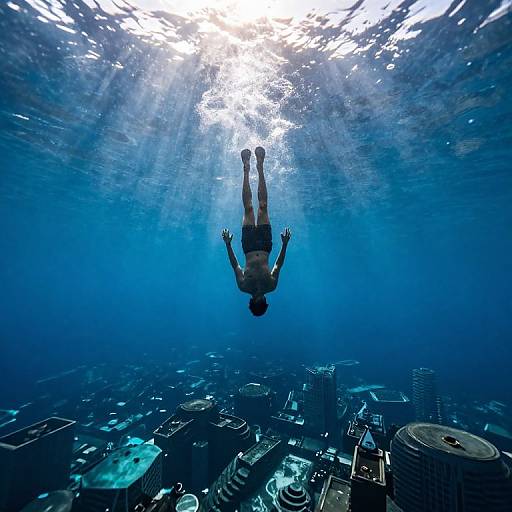 Underwater photograph of a man in swim trunks, arms outstretched, floating upside down above a sunlit, blue-hued cityscape.