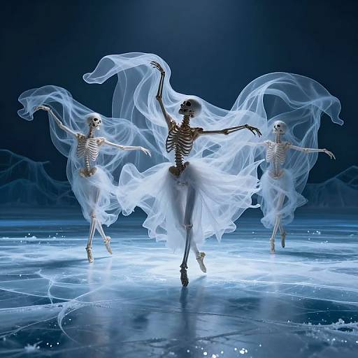 Photograph of three skeletal ballerinas in flowing white tutus, dancing on a reflective, icy stage under a dark blue spotlight.