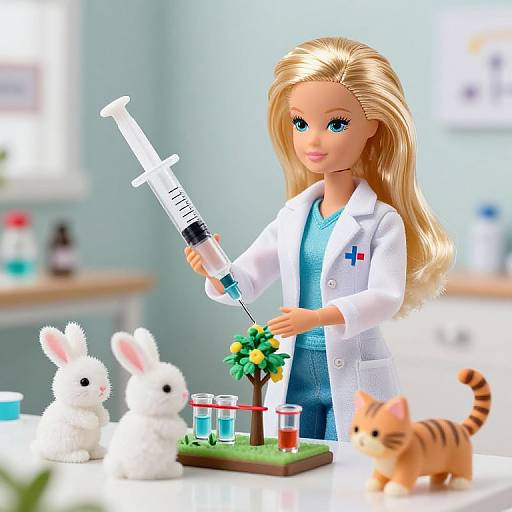 Photorealistic doll of a blonde, blue-eyed doctor in white coat and blue scrubs, holding a syringe, standing in a bright lab with