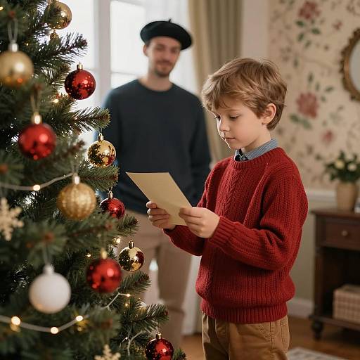 Boy Reading Letter by Christmas Tree
