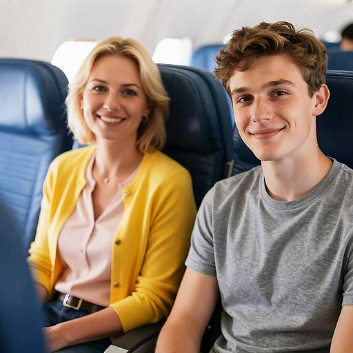 Smiling Duo in Airplane Seats