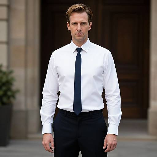 Photograph of a serious-looking man with short brown hair, wearing a white dress shirt, black tie, and black pants, standing in front of a