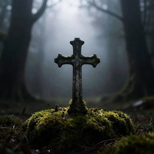 Moss-Covered Forgotten Crypt in Mist