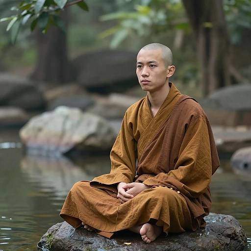 Serene Monk Meditating by Water
