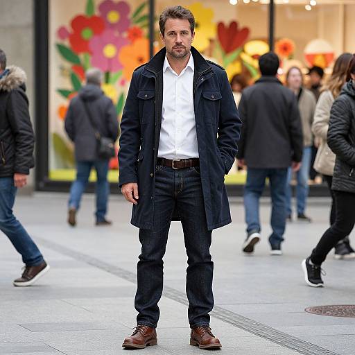 Photograph of a bearded man in a white shirt, black coat, and dark pants standing in a busy city street with colorful flower shop window in