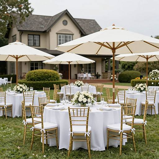Outdoor wedding setup photograph: white round tables with gold chiavari chairs, white floral centerpieces, large beige umbrellas, green grass, and a