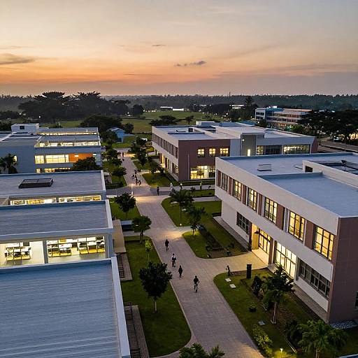 Aerial photograph of modern, illuminated buildings at sunset, with a pathway lined with trees and people walking. Warm orange sky contrasts with white and gray structures