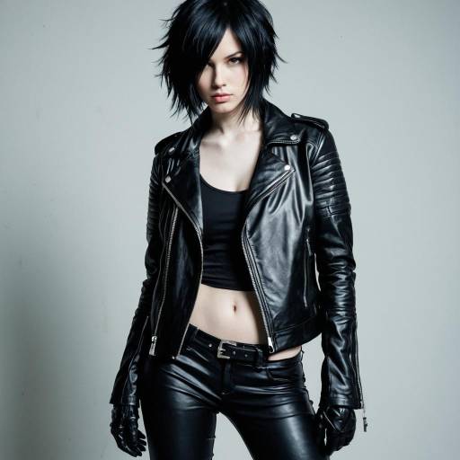 Woman in Black Leather Outfit with Tousled Hair