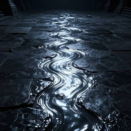 Photograph of a dark, reflective stone floor with a glowing, wavy liquid stream running through the center, creating a mesmerizing, ethereal effect
