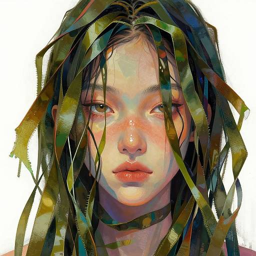 Digital painting of a young girl with wet, dark, disheveled hair, flushed cheeks, and soft pink lips. Multicolored streaks frame