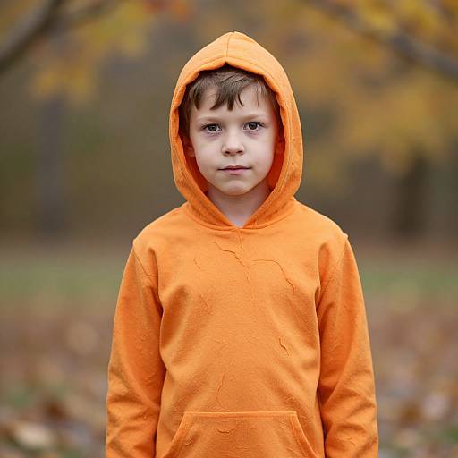 Photograph of a young boy with fair skin, brown hair, and blue eyes, wearing an orange hooded sweatshirt, standing in a blurred autumn