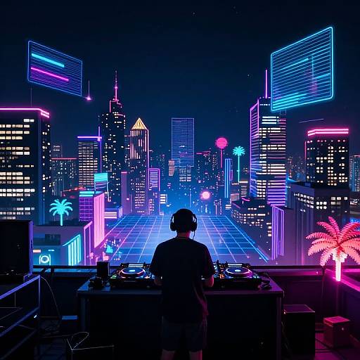 Neon-lit, futuristic cityscape at night with DJ in silhouette, standing behind DJ equipment on balcony, vibrant blue and pink lights illuminate skyscrap