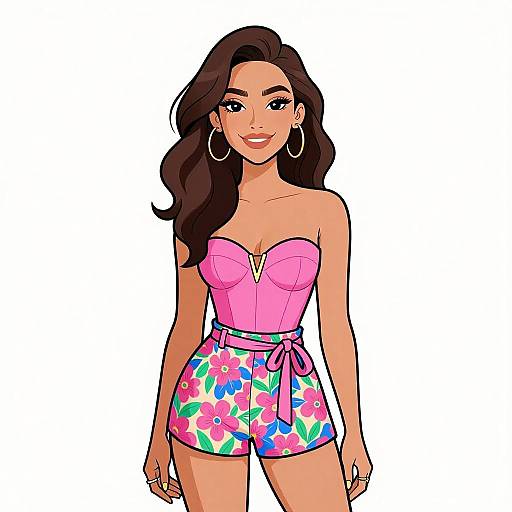 Digital illustration of a smiling woman with long brown hair, wearing a pink strapless top and colorful floral shorts, accessorized with hoop earrings.