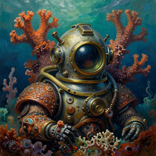 Digital painting of a steampunk-style astronaut surrounded by vibrant coral and sea life, underwater with a glowing helmet and detailed metallic armor.