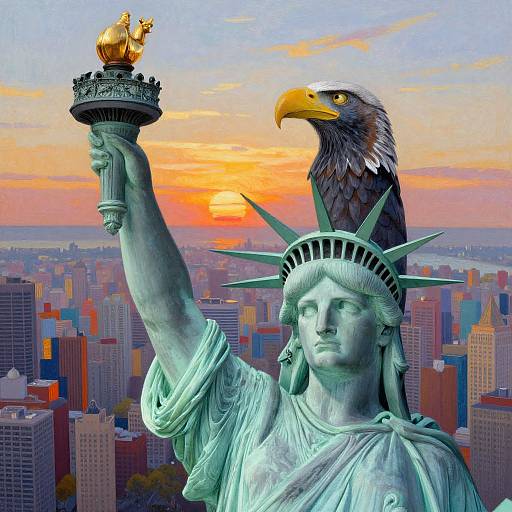 Digital artwork of the Statue of Liberty with an eagle perched on her crown, holding a torch, against a colorful sunset cityscape.