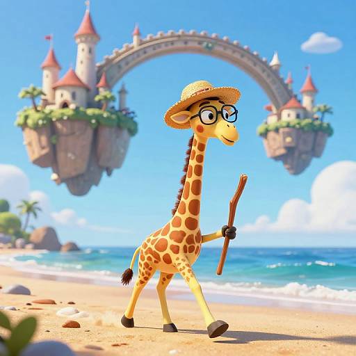 Whimsical Giraffe on Fantasy Beach