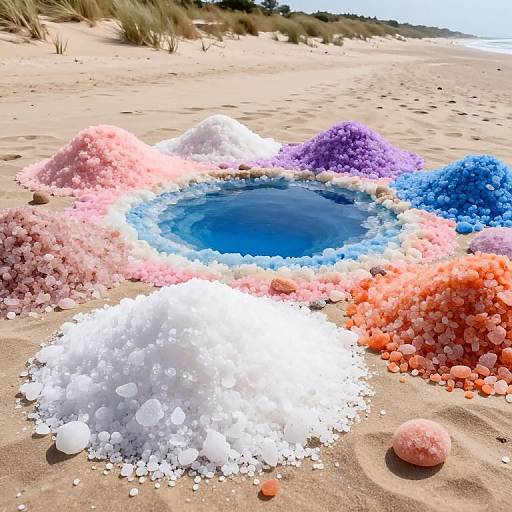 Photograph of a colorful beach pit surrounded by pink, purple, blue, orange, and white crystalline formations, with sand and grasses in the