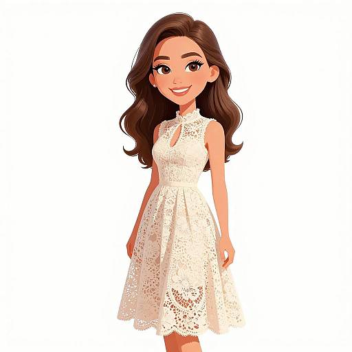 Digital cartoon of a smiling, light-skinned woman with wavy brown hair, wearing a sleeveless, white lace dress, against a white background.