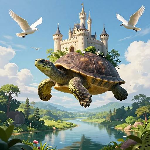Digital artwork of a flying turtle with detailed shell, surrounded by white birds, above a serene river with a majestic castle in the background. Bright blue sky